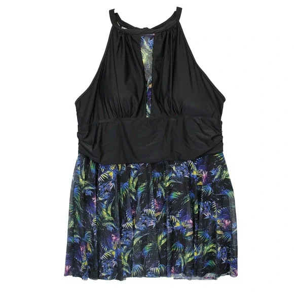 Bloomchic Swim Dress Halter Sheer Skirt‎ Women 28 Black Floral Swimwear