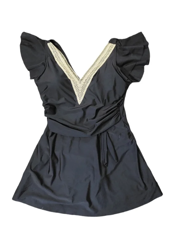 Vintage Swim Dress Black V-Neck Size XXL One-Piece Black Skirt Suit