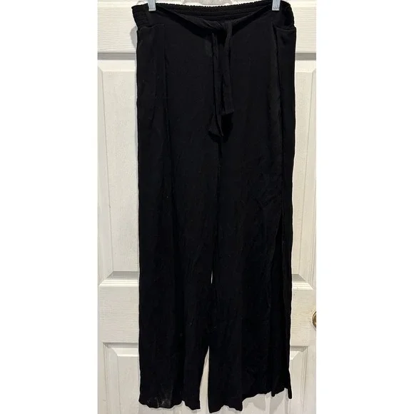 Kona Sol Black Wide Leg Swim Cover Up Pants Side Slit Smocked Waist Large Resort