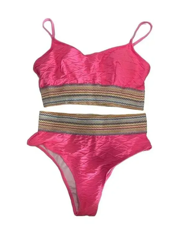 CUPSHE Pink Geo-Stitch Scoop Bralette & High Waist Bikini Set Size L New