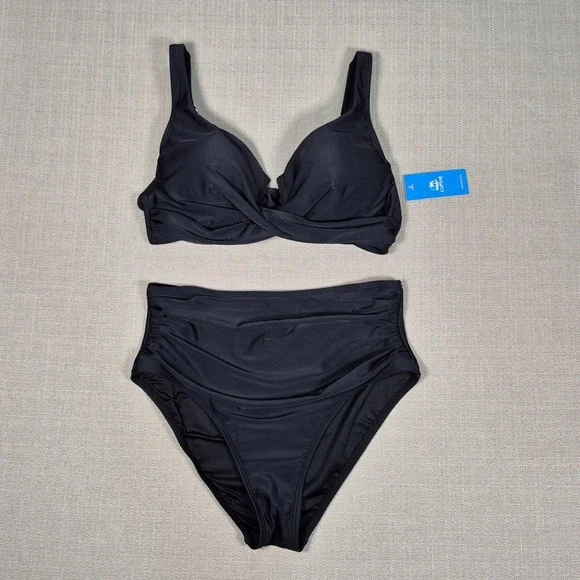 Cupshe‎ Womens Black Underwire High Waisted Ruched Bikini Set Size M New NWT