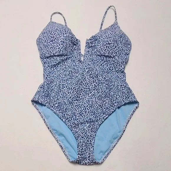 Bar III On The Prowl Navy Blue Leopard Print One Piece Swimsuit Large‎