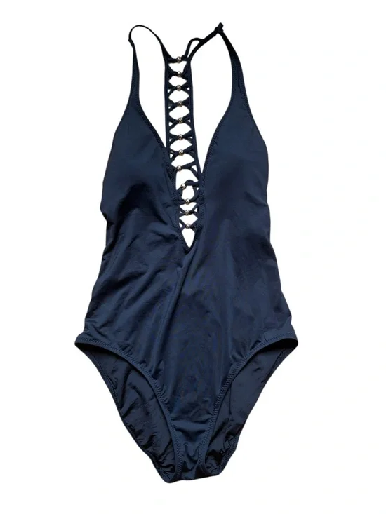 Trina Turk Black Lace-Up Gold Detail Plunge High-Cut One-Piece Swimsuit