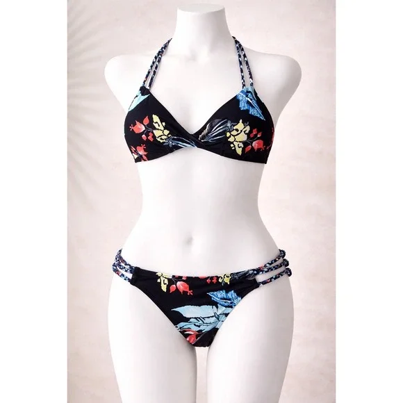 Cupshe Tropical Floral Braided Strap Bikini Set Black Multi Color Two Piece‎ M