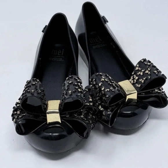 Mel by Melissa Kids Black Jelly Ballet Flats Bow Leopard Print Size 12 USA