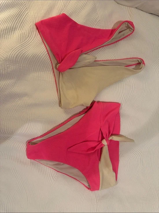 Beach Riot Hot Pink and Cream Reversible Bikini Set with Knot Detail