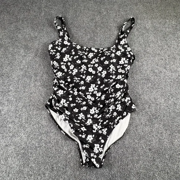 Anne Cole One Piece Swimsuit Women's 14 Black White Floral Ruched Tummy Control