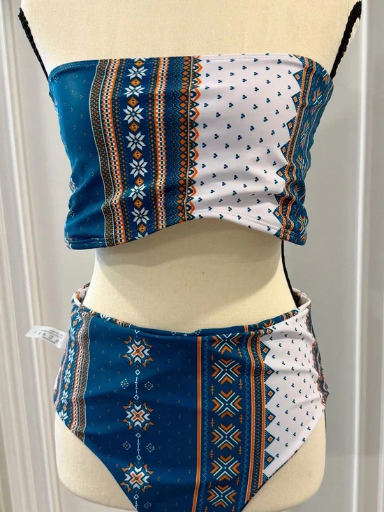 Women’s Blue & White Printed Bandeau Bikini Set