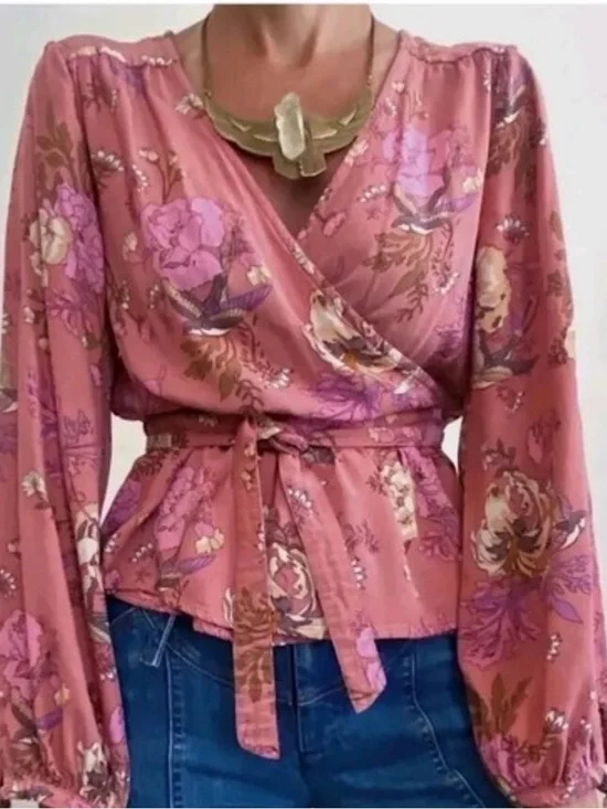SPELL & THE GYPSY Rosa Wrap Blouse Top Pink Floral Boho Size M Long Sleeve