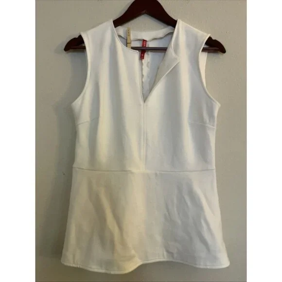 Spanx Top Women SZ S Powder Ponte Contrast White Shirt V Neck Peplum