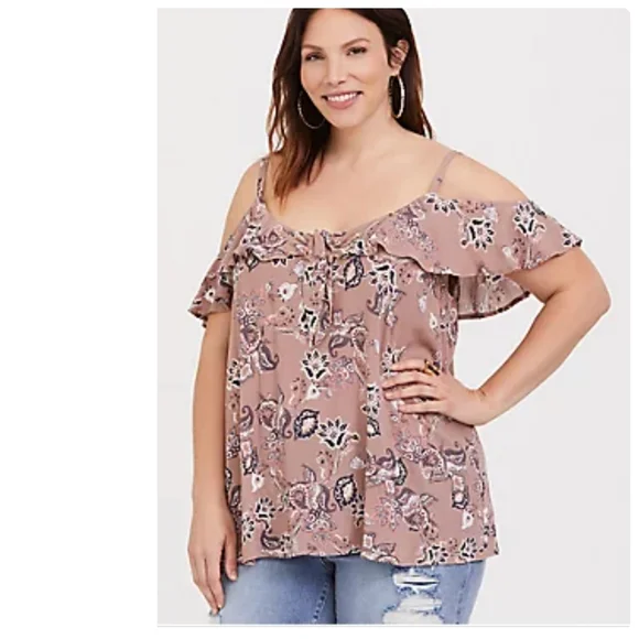 Torrid Walnut Paisley Gauze Cold Shoulder Cutout Top Tie Front Size 00 (M/L)