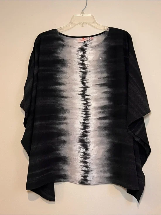 Quacker Factory Black & White Tie-Dye Center Stripe Tunic Blouse