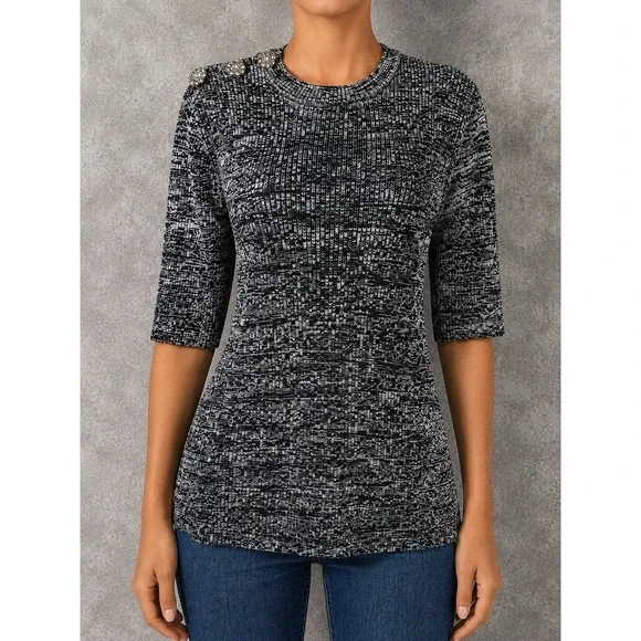 Ganni Melange Knit Top Womens Large Gray Crystal Embellished 3/4 Sleeve