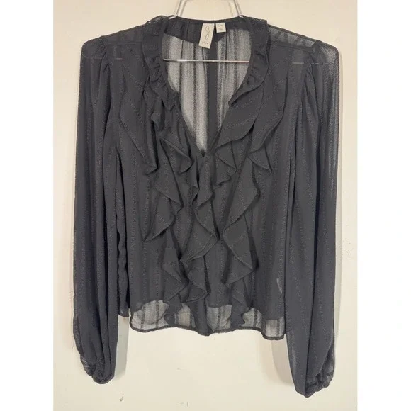 Joie Black Sheer Ruffle Front‎ Balloon Sleeve Blouse Size L Boho Chic Whimsigoth