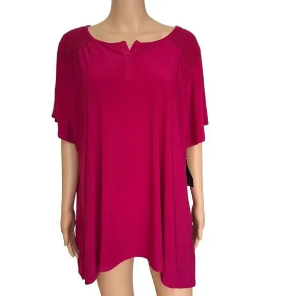 VIP by Avenue Magenta Smocked Shoulder Blouse Shirt Top Size 22/24 NWT