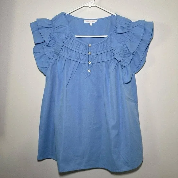 Ces Femme Women's‎ Blue Ruffled Sleeve Blouse Size Small