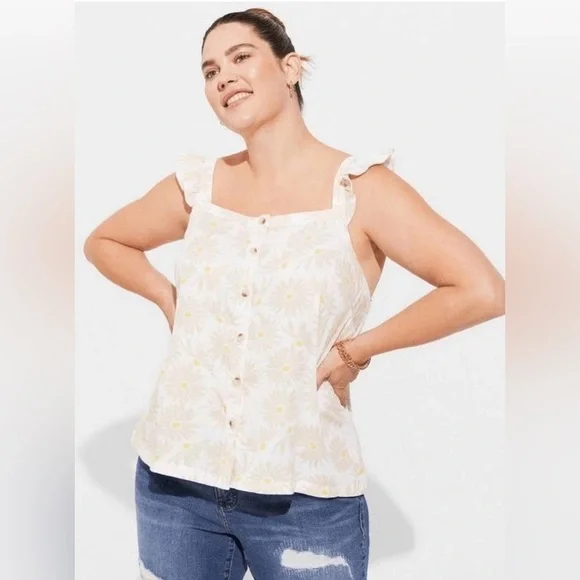 Torrid Double Gauze Ruffle Button Front Tank Top Size 2X 18-20 New Daisy Summer