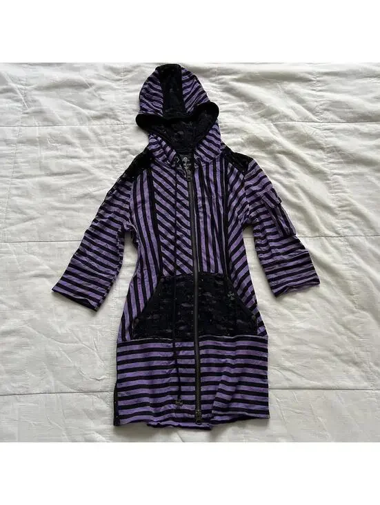 Ozz On Purple Black Striped Hooded Tunic Top Lace Zip Size S Japan