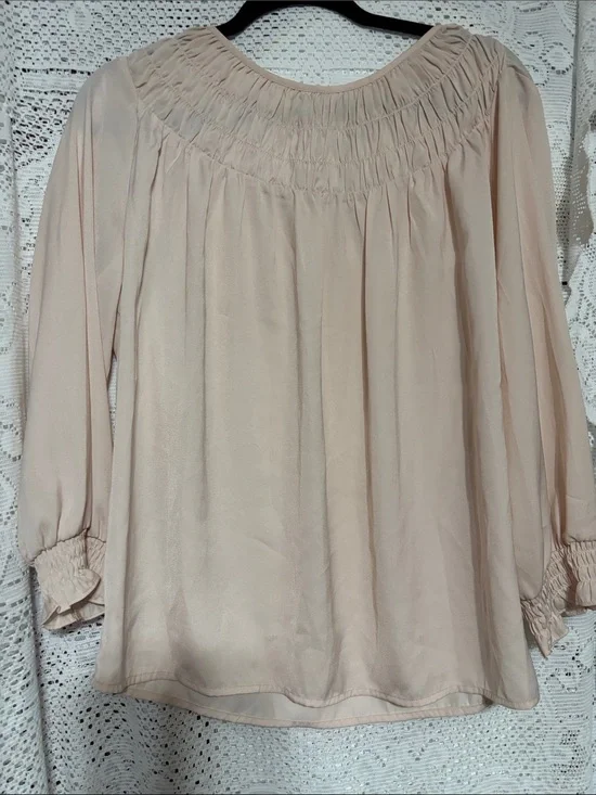 Smocked Yoke & cuffs Long-Sleeve Blouse in Soft Blush