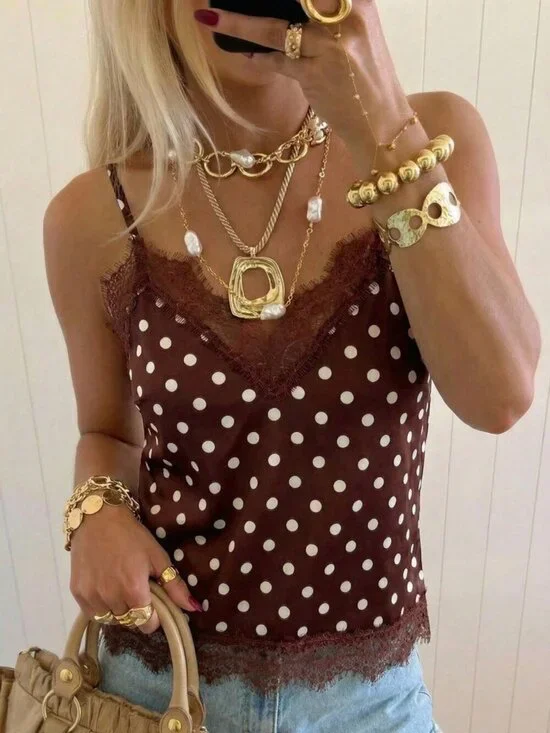 Coffee Brown Casual Women's Polka Dot & Lace Patchwork Camisole top