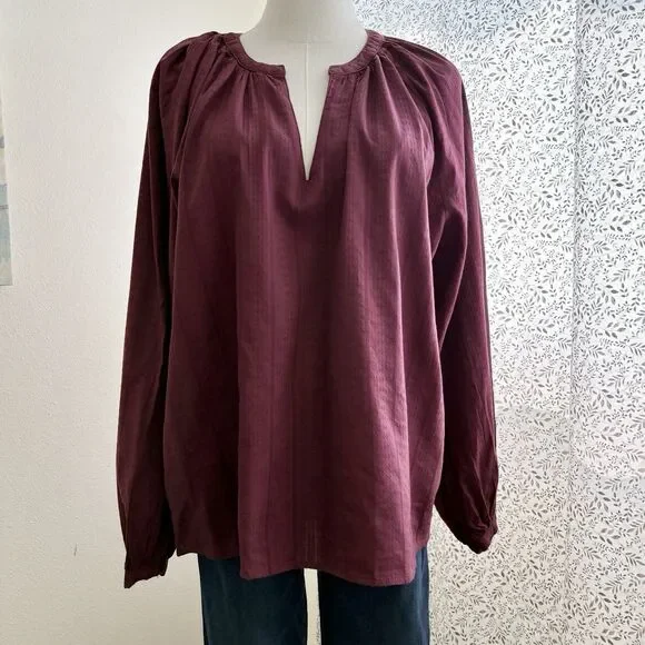 Old Navy Textured Blouse Dark Mauve Split Neck Long Sleeve Women's Large Boho
