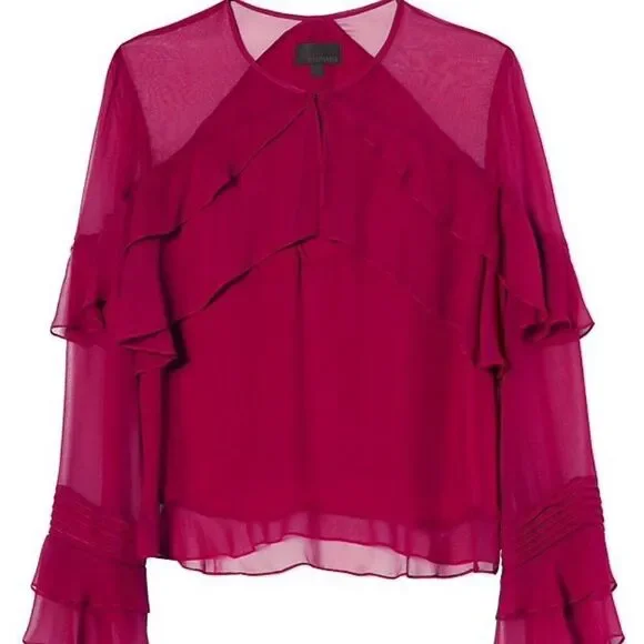 Intermix Fuschia Pink Sheer Ruffled‎ Blouse Sz S