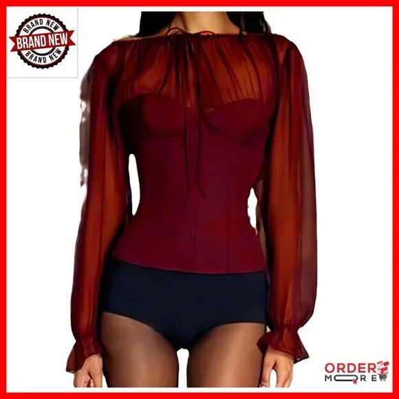 Sheer Long Sleeve Corset Top Y2K Tie Front Blouse Elegant Evening Wear