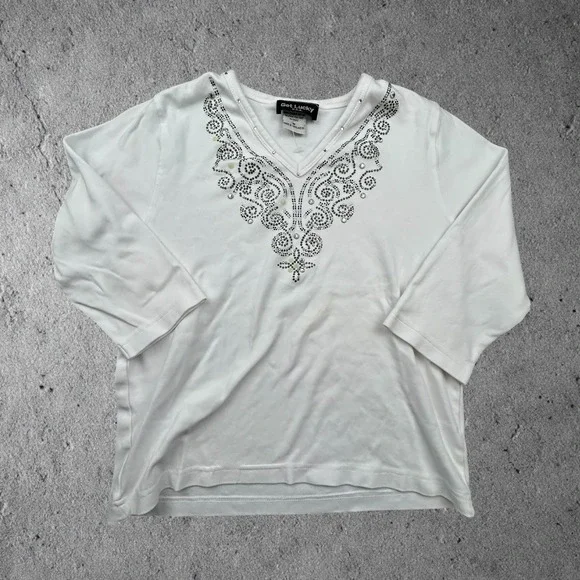 Get Lucky Vintage Y2K White Rhinestone Embellished V-Neck Long Sleeve Top Small‎