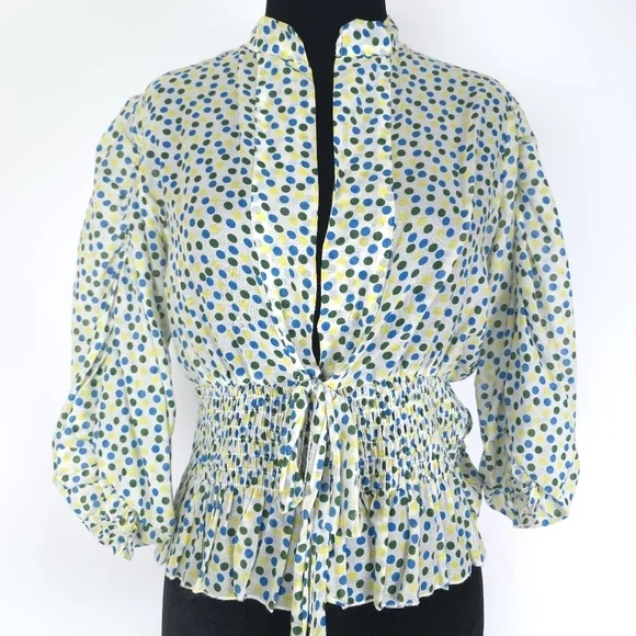 Gracia Silk Cotton Blend Gathered Waist Polkadot Light weight Blouse Small