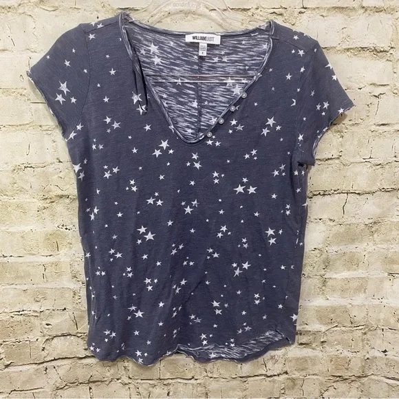 William Rast Blue White Star Print Short Sleeve Henley Top