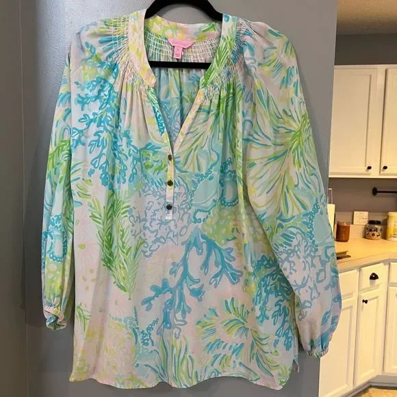 Lilly Pulitzer Aqua, Seafoam & Lime Floral silk blouse