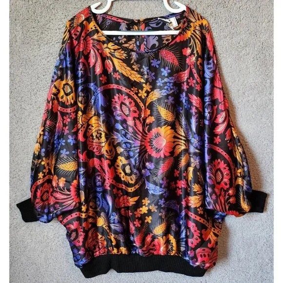 Vtg Ricky Smithline Round Neck Long Batwing Sleeve Blouse Satin Floral Plus 22W‎