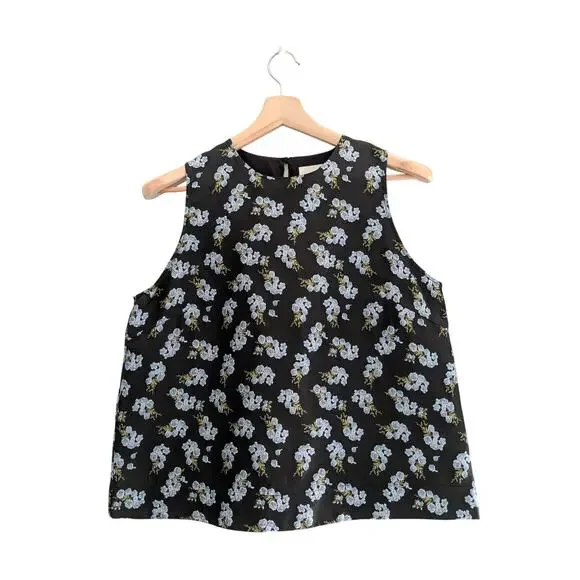 Pomander Place Black Floral Jacquard Sleeveless Top Large L Blue Lined Peplum