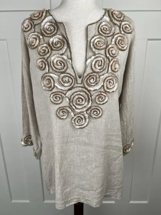 Key Lime & Pink Linen Tunic M Embellished Rosette Beaded Boho Top 3/4 Sleeve