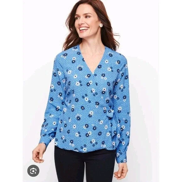 Talbots‎ Blue Floral Wrap Top Poet Sleeve Blouse Small