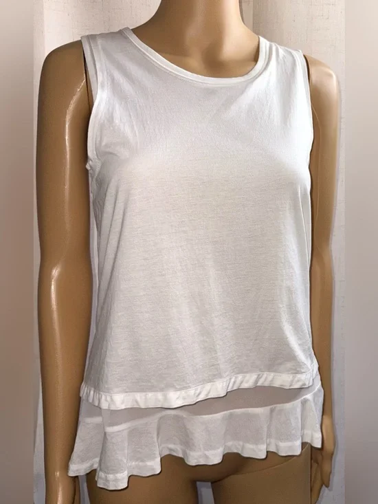 J. Crew layered crewneck shell in white, sleeveless silhouette, sheer ruffle hem