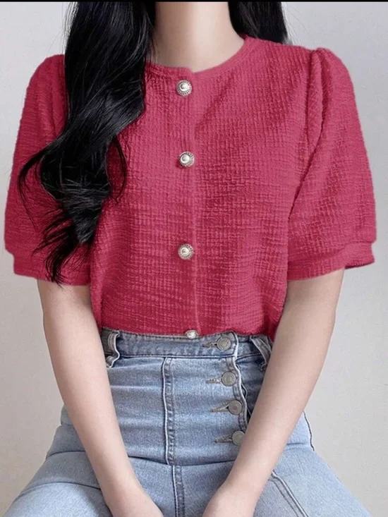 Pearl-Button Textured Puff Short Sleeve Blouse in Rose Pink
