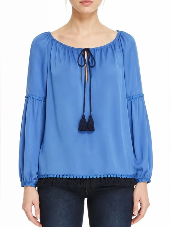 Tory Burch Sylvie 100% Silk Fringe Tunic Blouse Blue Navy Size 4