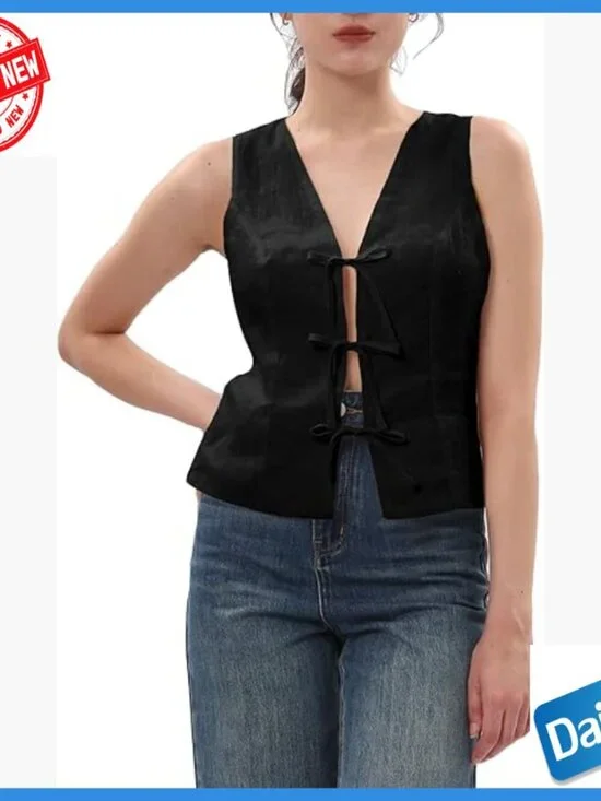 Linen Sleeveless Crop Top Tie Front Vest Relaxed Fit X-Large