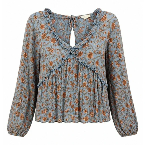 Easel Womens Floral Ruffle Peplum Blouse Medium Boho Cottagecore Floral