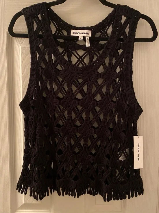 DKNY Black Crochet Sleeveless Tank Top Size Medium Cotton Blend