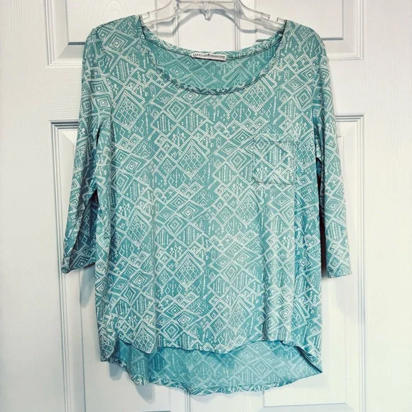 Peruvian Connection Summer Top Womens Small Green Cream 3/4 Sleeves Aztec Tribal