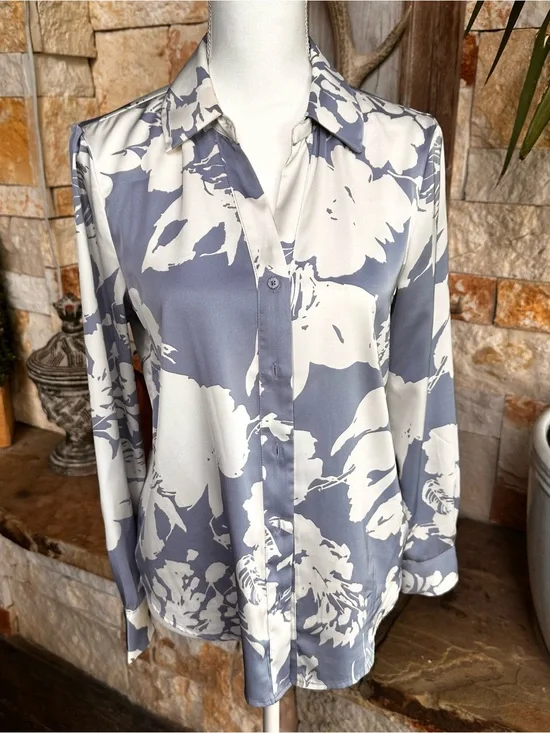Women's Floral Button-Down Shirt in light blue and White
