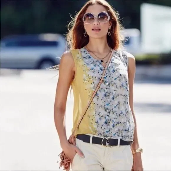 Cabi Offsides taupe yellow blue floral sheer button down sleeveless top XS #5221