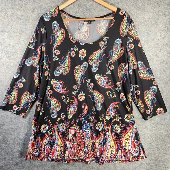Slinky Brand Women Paisley Hearts Print 3/4 Sleeve Tunic Top Black Multi PXL USA