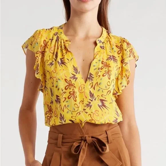 NWT A.L.C. Birds of Paradise 100% Silk Yellow Top Blouse Floral Size M