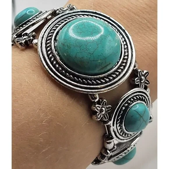 Vintage Southwestern Bohemian Turquoise Acrylic Silver Chunky Bangle Bracelet 8