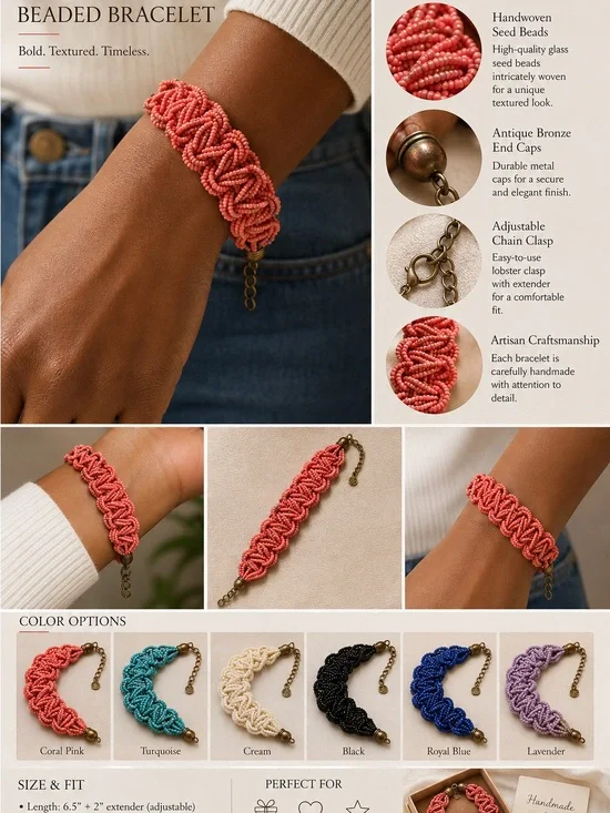 Vintage Handwoven Beaded Bracelet - Coral Pink