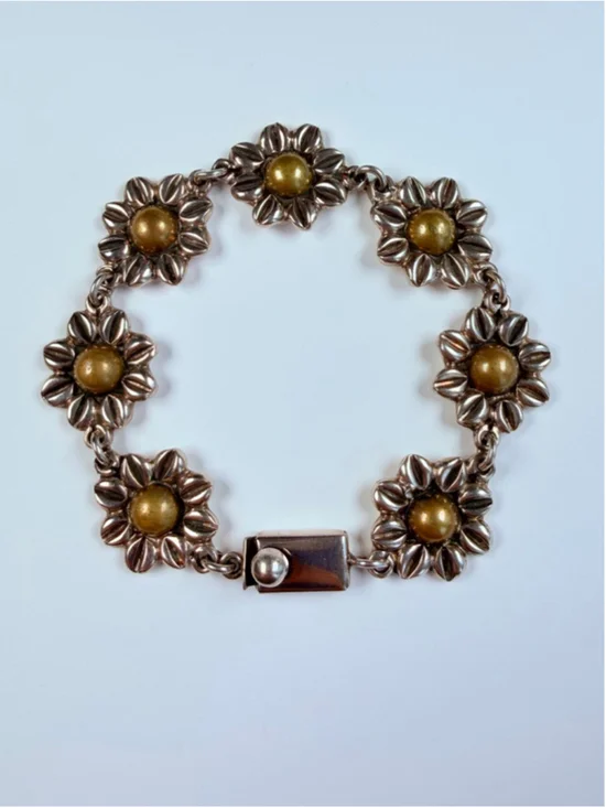 Taxco Retro Daisy Flower Floral Link Brass & Sterling Silver 925 Bracelet Mexico