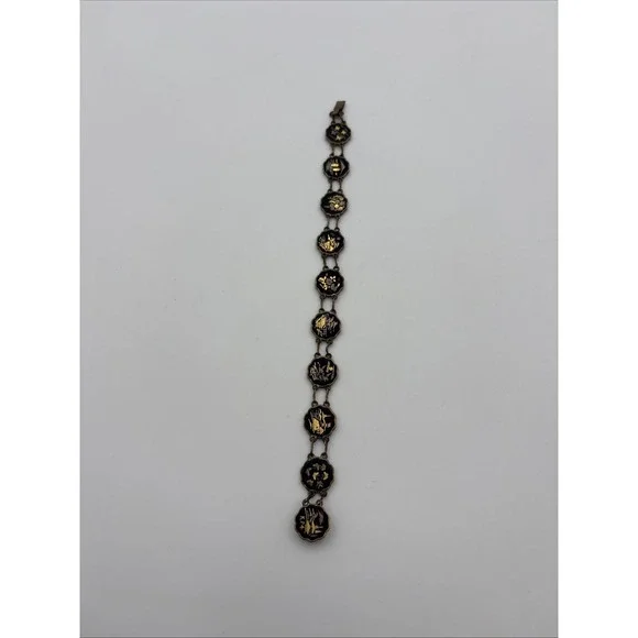 Antique Asian Damascene K24 Gold Inlay Link Bracelet 7.5